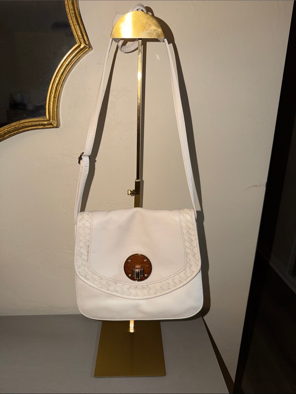 Elliott Lucca White Crossbody Bag with Woven Trim and Gold-Tone Turn Lock